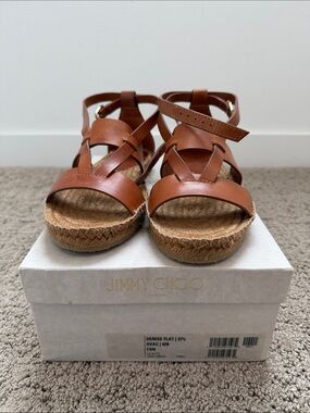 Jimmy Choo Denise Ovac Tan Leather Espadrille Flat Sandals Sz 37.5